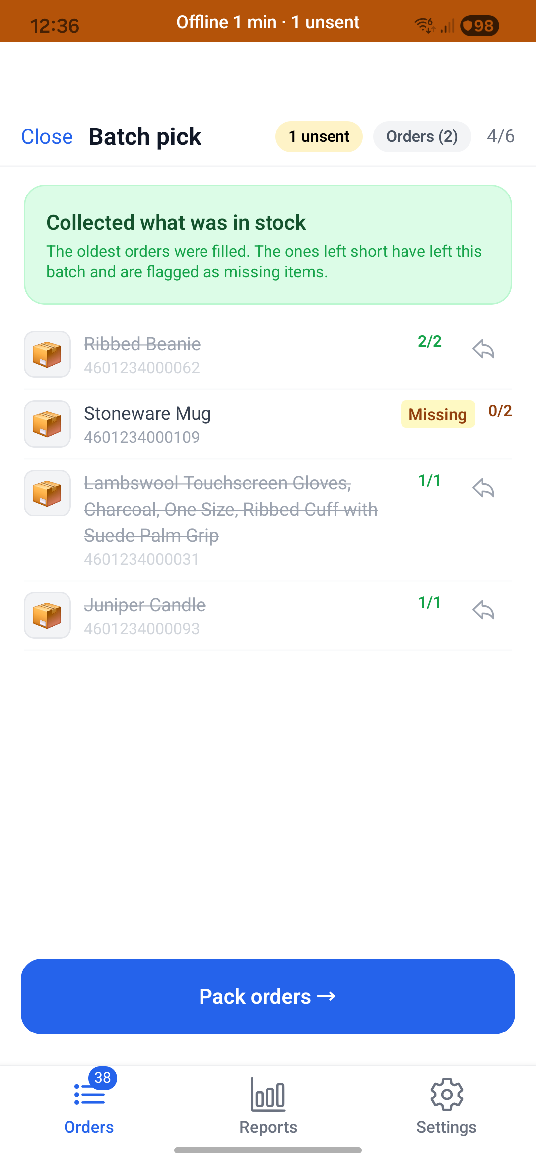 The picking screen with the offline banner reading "Offline 1 min, 2 unsent", and the same count repeated in the header.